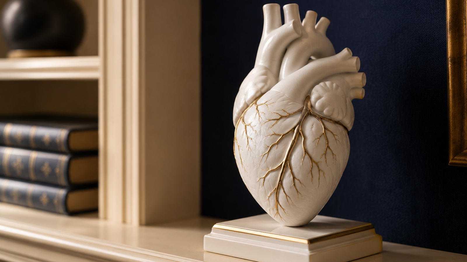 A porcelain heart with arteries traced in gold.