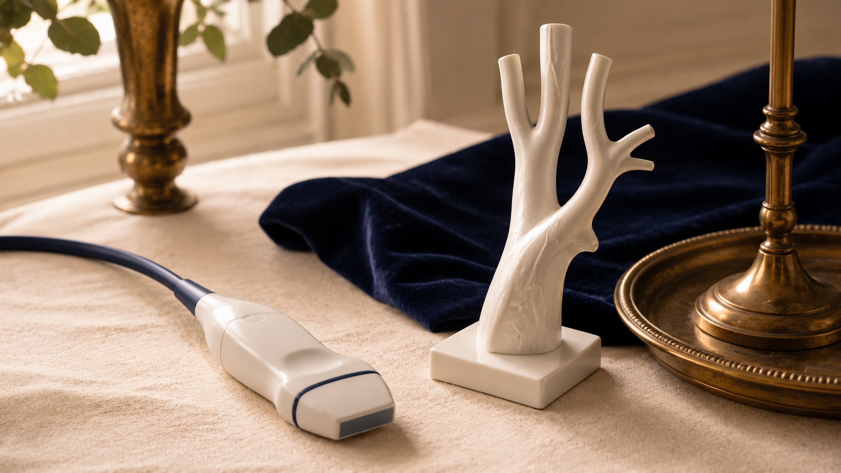 An ultrasound probe beside a porcelain study of branching arteries.