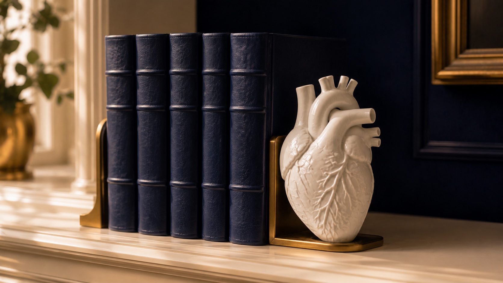 Navy books held by a porcelain heart bookend.