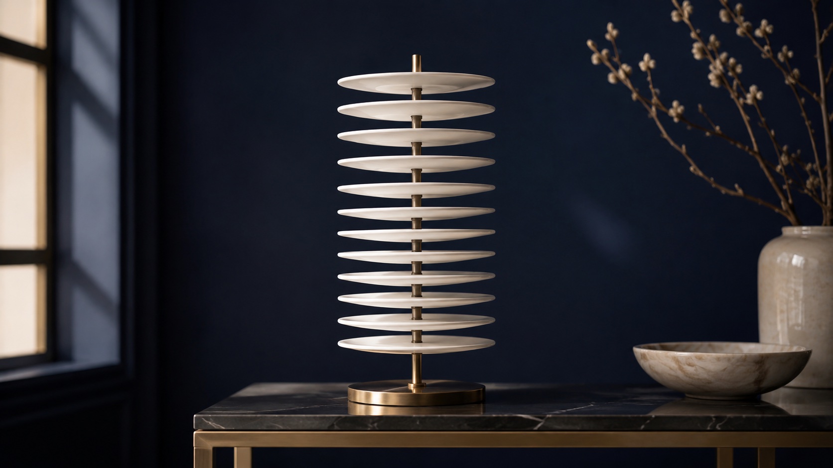 A sculptural stack of evenly spaced porcelain discs on a brass stand.