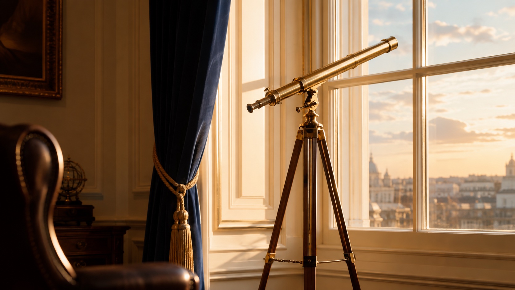A brass telescope at a tall window looking over London at dawn.