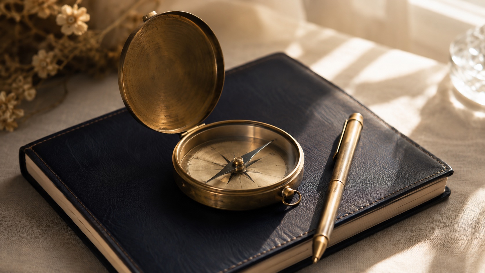 An antique brass compass resting on a navy leather notebook.