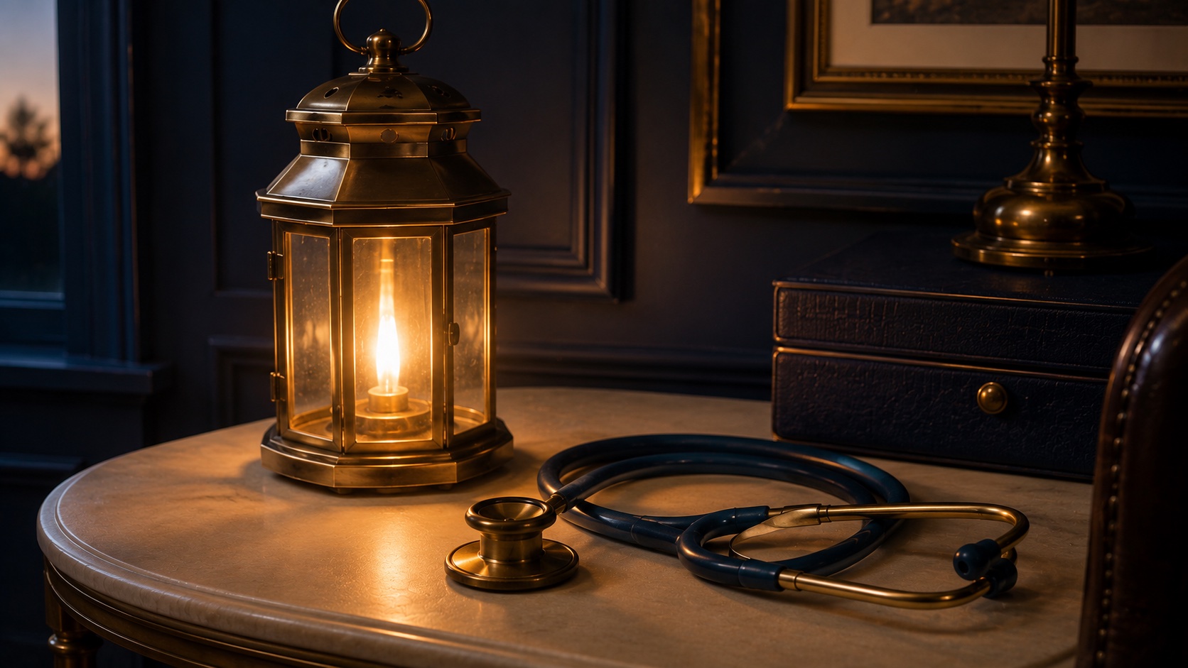 A brass lantern glowing beside a stethoscope at dusk.