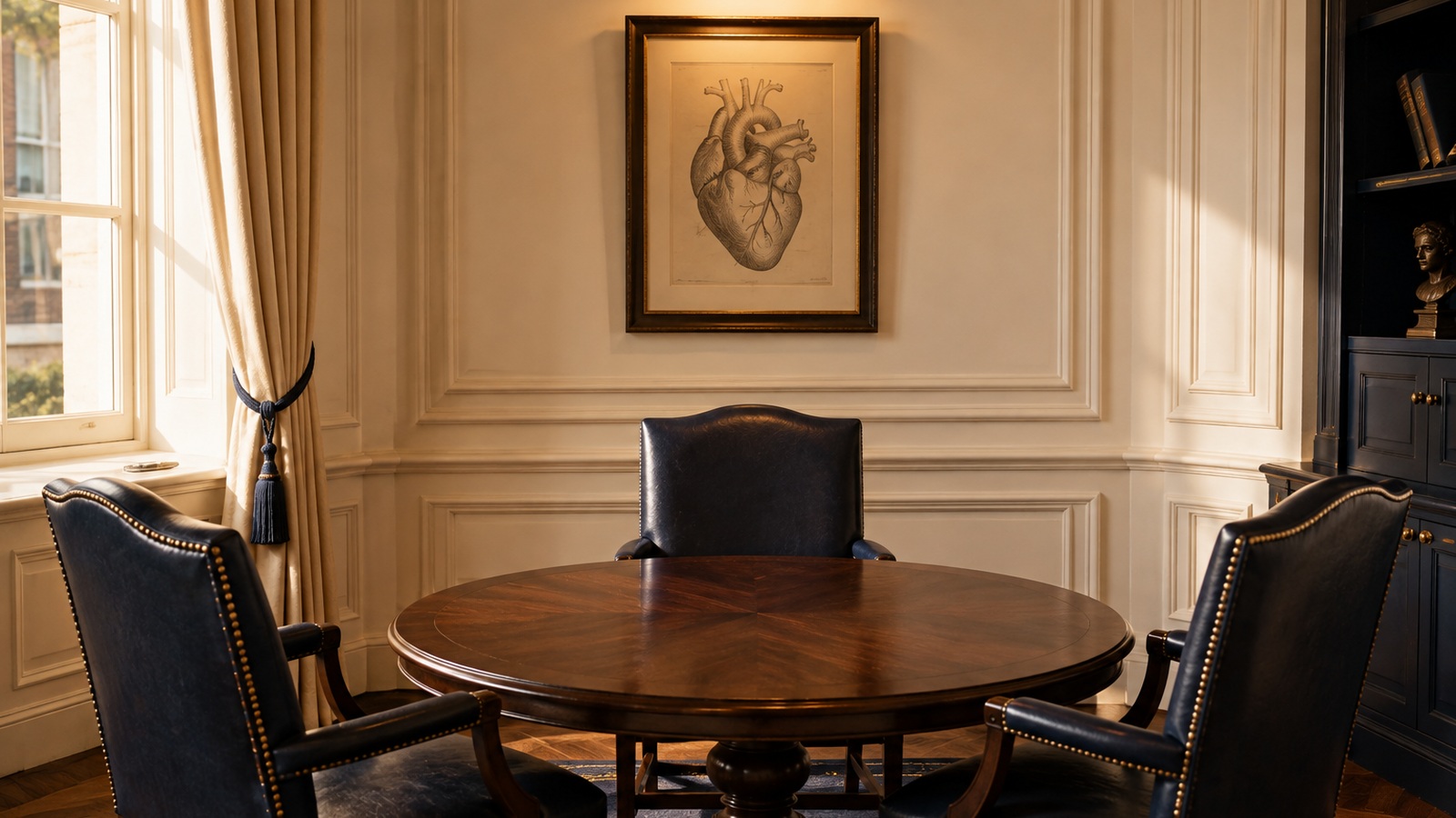 Three chairs around one table in a heritage meeting room.
